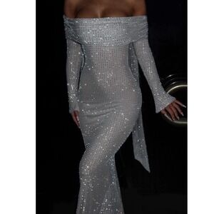 Babyboo Fashion Cyprus Maxi Dress Nude Rhinestone Off Shoulder XL BBF3939-D